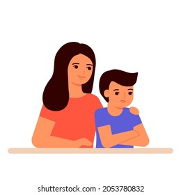 Mother Supports And Understands Sad Boy Of Child, Help In Family. Hug, Love And Care For Mom And Son. Vector Illustration