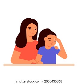 Mother Supports And Understands Sad Girl Of Child, Help In Family. Hug, Love And Care For Mom And Daughter. Vector Illustration