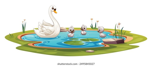 Mother swan with baby swans swimming in a pond. Vector cartoon illustration