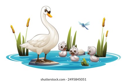 Madre cisne con cisnes bebé nadando en un estanque con coletas y una libélula. Ilustración vectorial