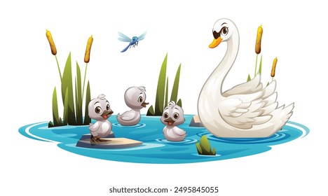 Madre cisne con cisnes bebé nadando en un estanque con coletas y una libélula. Vector ilustración de dibujos animados