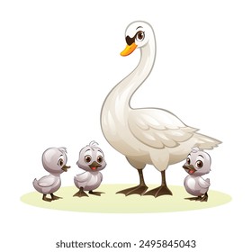 Mother swan with three baby swans standing on grass. Vector cartoon illustration