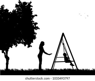 Mother swinging child on a swing in the park, one in the series of similar images silhouette