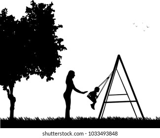 Mother swinging child on a swing in the park, one in the series of similar images silhouette