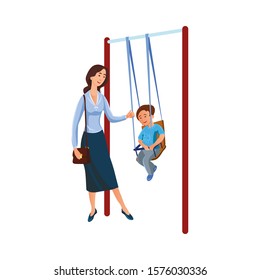 Mother swinging her son on a swing in the playground. Vector illustration in flat cartoon style.