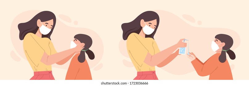 Mother take care of daughter during COVID-19 epidemic. Flat style vector illustration of mother help child to wear face make and to wash hands with alcohol sanitizer gel. Concept of protect kid.