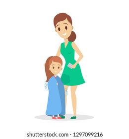 Mother take care of sick daughter suffering from chill. Care about little ill child. Isolated vector illustration in cartoon style