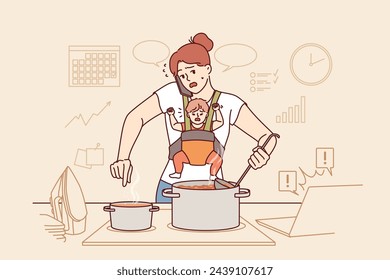 Mother takes care of baby and works around house at same time, standing near kitchen stove and talking on phone. Multitasking mother with child makes business call and needs help of assistant or nanny