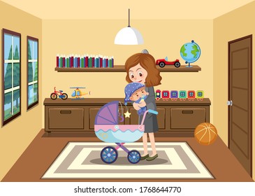 Mother takes her baby from baby stroller in the house cartoon style illustration