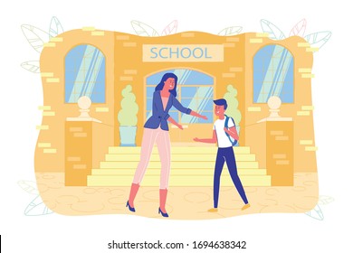 Mother Takes her Child to School or Pick up him after Classes. Parents Love and Family Care Scene with Woman and Boy Cartoon Characters at School Building Background. Flat Vector Illustration.