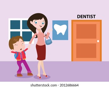 Mother takes her crying son to a dentist 2D cartoon concept for banner, website, illustration, landing page, flyer, etc.