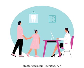 Mother takes her daughter to the dentist for a routine checkup, medicine vector illustration.