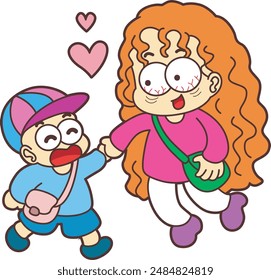 a mother takes her son to school happily