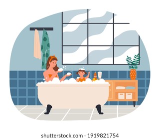 Mother Is Taking A Bath With Her Daughter At Home. Concept Of Family Taking A Bath. Happy Kid Is Playing With Bath Foam. Flat Cartoon Vector Illustration