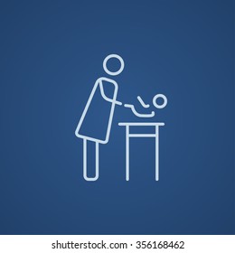 Mother taking care of the baby line icon for web, mobile and infographics. Vector light blue icon isolated on blue background.
