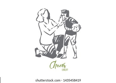 Mother taking care of boy concept sketch. Isolated vector illustration