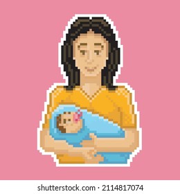 Mother taking care of her baby,Mother care,pixelart,pixelated vector art.