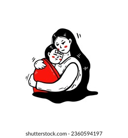 Mother taking care of kid sick hand drawn vector illustration