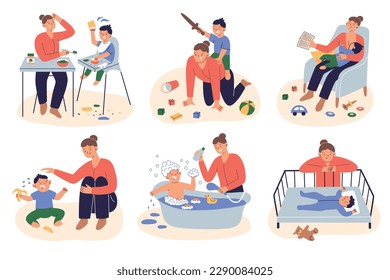 Mother taking care of toddler son, mom and child interactions, hand drawn scenes set on parenting, day routine with baby, maternity leave, colored vector illustrations of bathing and feeding a kid