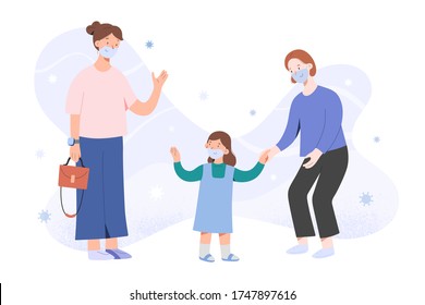 Mother Taking Child To Kindergarten After Coronavirus Pandemic, Waving Goodbye, Girl And Nanny In Face Masks, Children Go Back To School After Covid Concept, Vector Flat Cartoon Characters