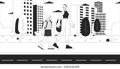 Mother taking daughter to school black and white line illustration. Caucasian blonde schoolgirl mom 2D characters monochrome background. Morning elementary. Road to school outline vector image