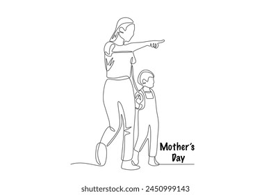 Mother taking her child for a walk. Mothers day concept one-line drawing