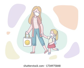 Mother is taking her kid to school with wearing mask during COVID-19 epidemic vector illustration flat design with outline drawing