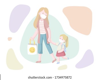 Mother is taking her kid to school with wearing mask during COVID-19 epidemic vector illustration flat design