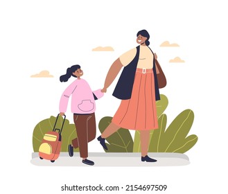 Mother taking kid girl to school. Happy mom walking with small pupil child holding backpack with books. Schoolchild and education concept. Cartoon flat vector illustration