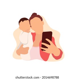 Mother taking a selfie with her baby. Mother and daughter selfie with smartphone vector character illustration.