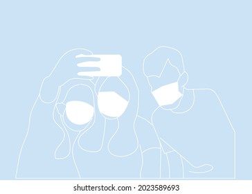 mother taking a selfie of herself and her teenage children in face masks outdoors