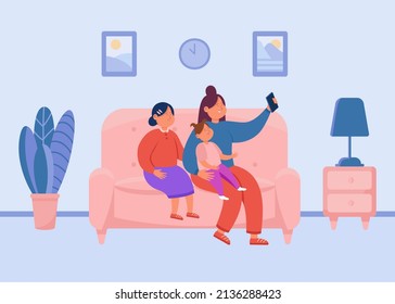 Mother taking selfie on mobile phone with daughters. Woman and girls sitting on couch together at home flat vector illustration. Family, technology concept for banner, website design or landing page