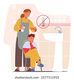 Mother taking of son applying medicated shampoo from pediculosis to get rid of lice parasite scene. Mom combing kid hair to recovery hair from pests and nits parasitic insect vector illustration