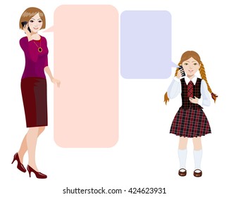 Mother talking with the child on a mobile phone. Cartoon family vector illustration. Bubble for your text. Mother is worried and calls to the child. Call your parents.