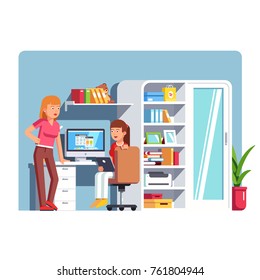 Mother talking to daughter in home office room holding tablet sitting at desk with desktop computer next to printer, folders in bookcase. Two woman discussing family business. Flat vector illustration