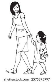 A mother is talking to her daughter while walking. Illustration in black and white and vector format.