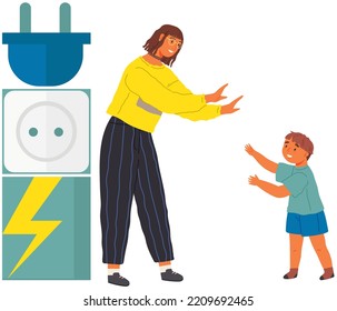 Mother talking to her little son about danger of electricity. Mom educates boy prohibits touching socket. Adult parents teach children about safe behavior with electrical appliances, parenting concept