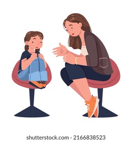 Mother Talking to Her Sad Daughter Sitting on Chair Supporting and Soothing Her Vector Illustration