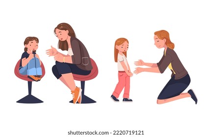 Mother Talking to Her Sad Daughter Supporting and Soothing Her Vector Illustration Set