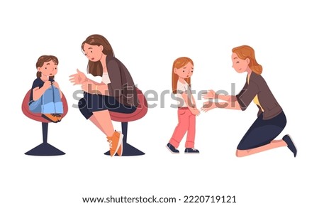 Mother Talking to Her Sad Daughter Supporting and Soothing Her Vector Illustration Set