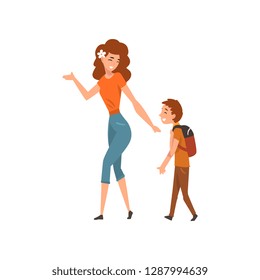 Mother talking with her son who walking with backpack, mom having a good time with her kid, motherhood, parenting concept vector Illustration