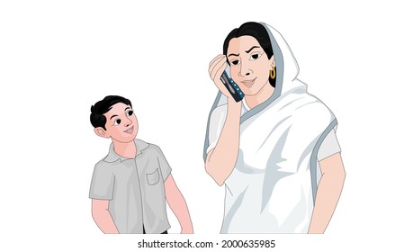 The mother is talking on the mobile phone and the child is watching