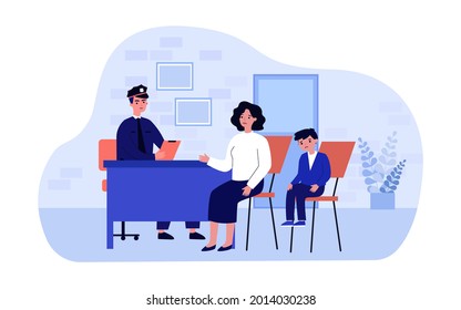 Mother talking to police officer about son. Upset boy in policeman office, mom solving problem flat vector illustration. Family, children behavior concept for banner, website design or landing page