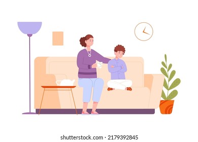 Mother Talking Son. Mom Comforting Sad Child, Parent Kid Communication, Serious Family Talk With Baby Boy, Tea Conversation, Parents Hug Love Children, Vector Illustration Of Parent Mother And Son