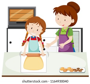 A mother teach daughter to bake illustration