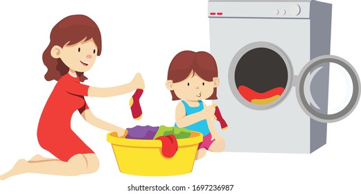 Mother teach her daughter to do laundry during study at home activity