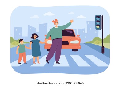 Mother or teacher crossing road with children. Woman and kids on crosswalk in front of car flat vector illustration. Education, parenting, safety concept for banner, website design or landing web page