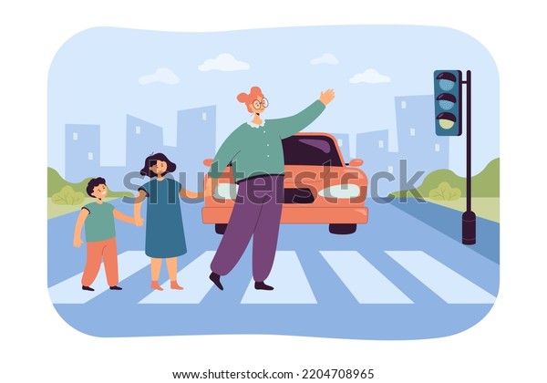 Mother or teacher crossing road with children. Woman\
and kids on crosswalk in front of car flat vector illustration.\
Education, parenting, safety concept for banner, website design or\
landing web page