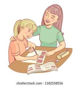 Mother or teacher helps a girl to learn a lesson, vector image, eps10