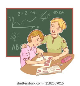 Mother or teacher helps a girl to learn a lesson, vector image, eps10